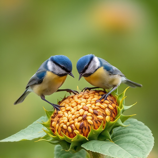 Blue tits feeding on sunflower seeds