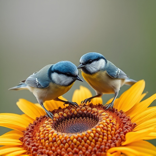 Blue tits feeding on sunflower seeds