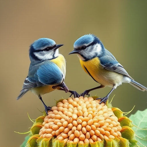 Blue tits feeding on sunflower seeds