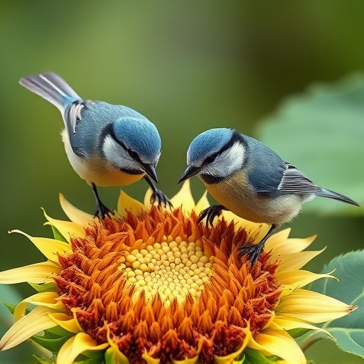 Blue tits feeding on sunflower seeds