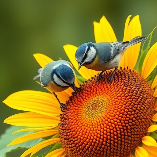 Blue tits feeding on sunflower seeds