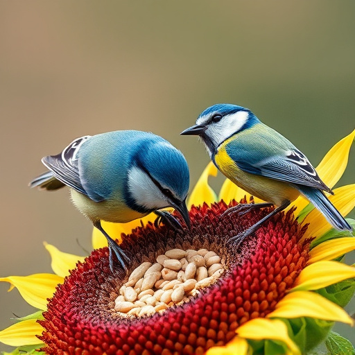 Blue tits feeding on sunflower seeds