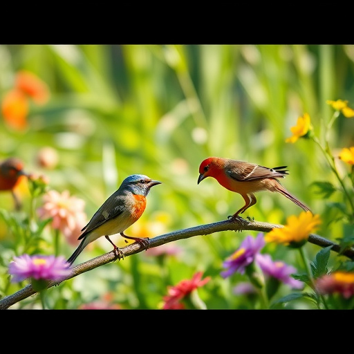 Bright garden scene with feeding birds