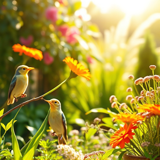 Bright garden scene with feeding birds
