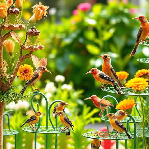 Bright garden scene with feeding birds