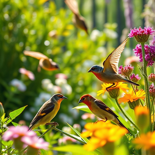 Bright garden scene with feeding birds