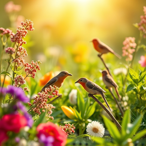 Bright garden scene with feeding birds