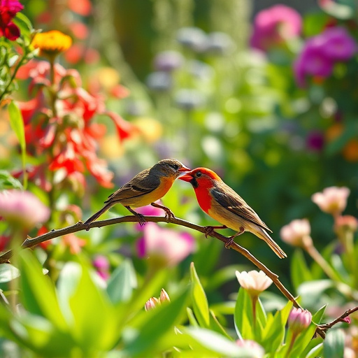 Bright garden scene with feeding birds