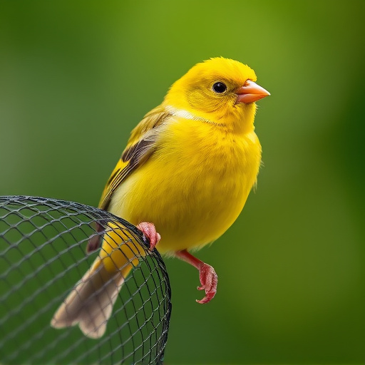 Bright yellow finch perched on mesh tube