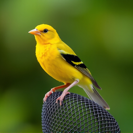 Bright yellow finch perched on mesh tube