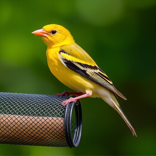 Bright yellow finch perched on mesh tube