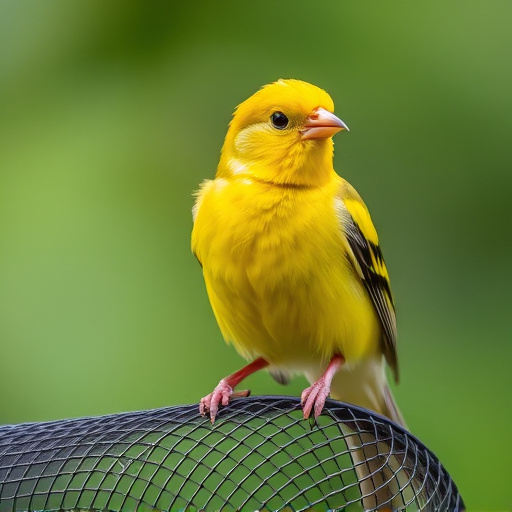 Bright yellow finch perched on mesh tube