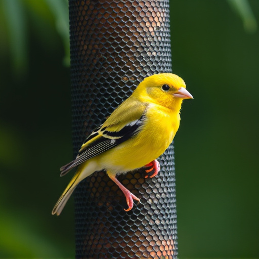 Bright yellow finch perched on mesh tube