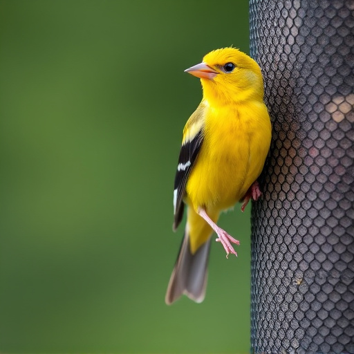 Bright yellow finch perched on mesh tube