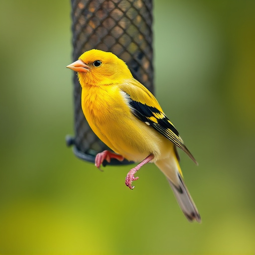 Bright yellow finch perched on mesh tube