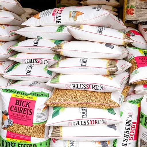 Bulk bird seed bags stacked neatly