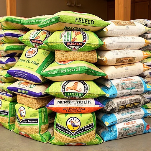 Bulk bird seed bags stacked neatly
