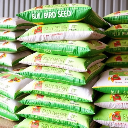 Bulk bird seed bags stacked neatly