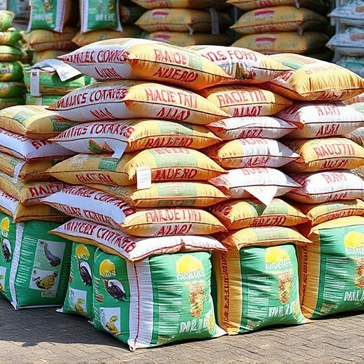 Bulk sacks of bird food stacked outdoors