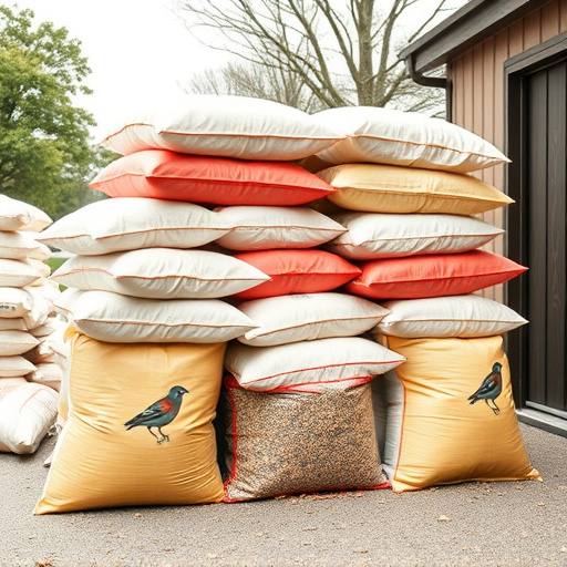 Bulk sacks of bird food stacked outdoors