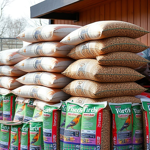 Bulk sacks of bird food stacked outdoors