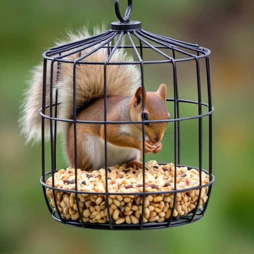 Caged feeder protecting seed from squirrel