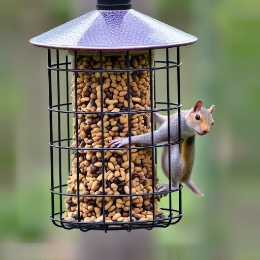 Caged feeder protecting seed from squirrel