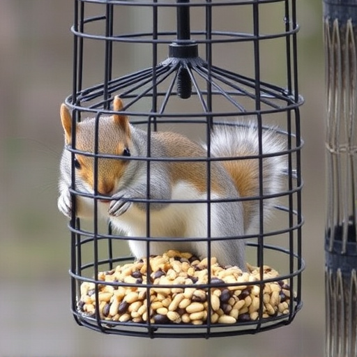 Caged feeder protecting seed from squirrel