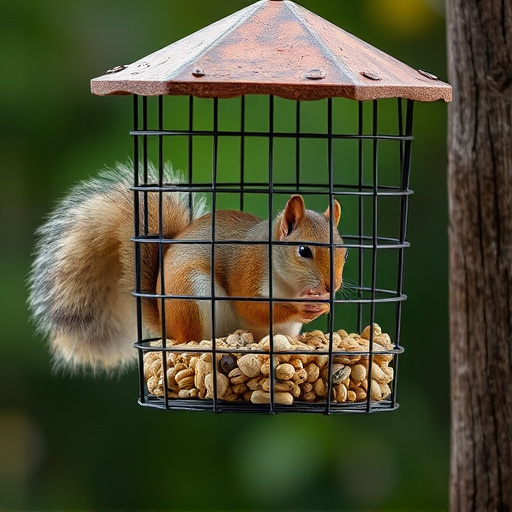Caged feeder protecting seed from squirrel