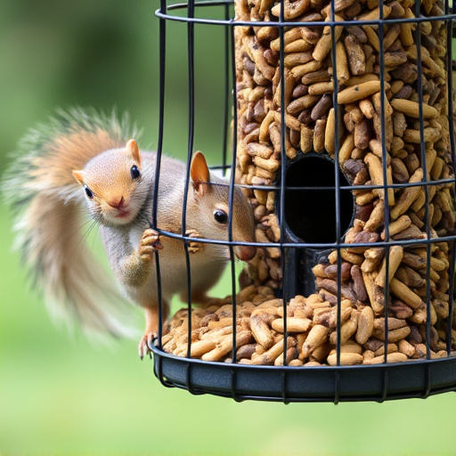 Caged feeder protecting seed from squirrel