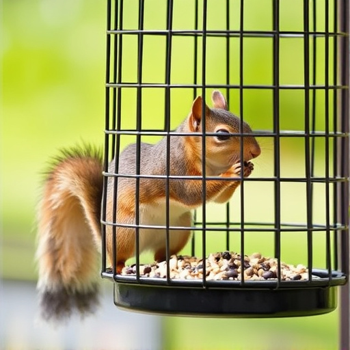 Caged feeder protecting seed from squirrel