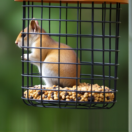 Caged feeder protecting seed from squirrel