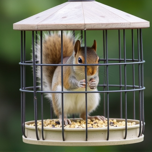 Caged feeder protecting seed from squirrel