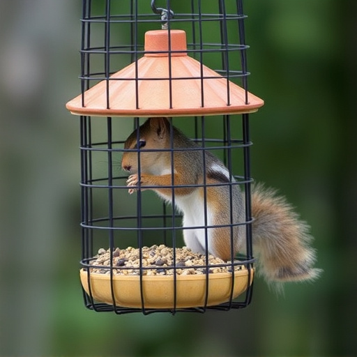 Caged feeder protecting seed from squirrel