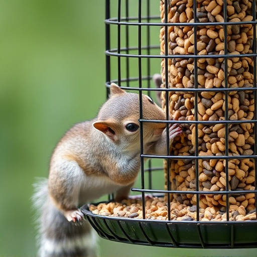 Caged feeder protecting seed from squirrel