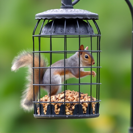Caged feeder protecting seed from squirrel