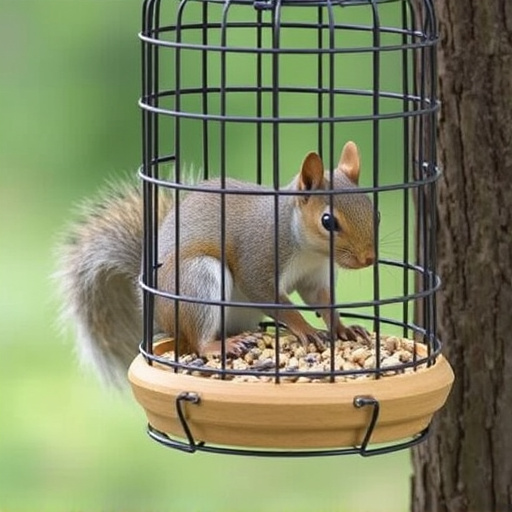 Caged feeder protecting seed from squirrel