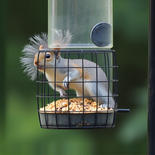 Caged feeder protecting seed from squirrel