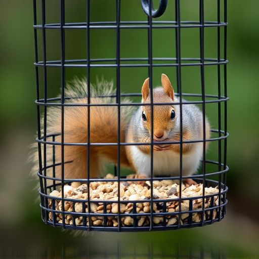 Caged feeder protecting seed from squirrel