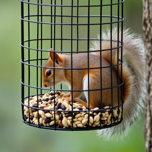Caged feeder protecting seed from squirrel