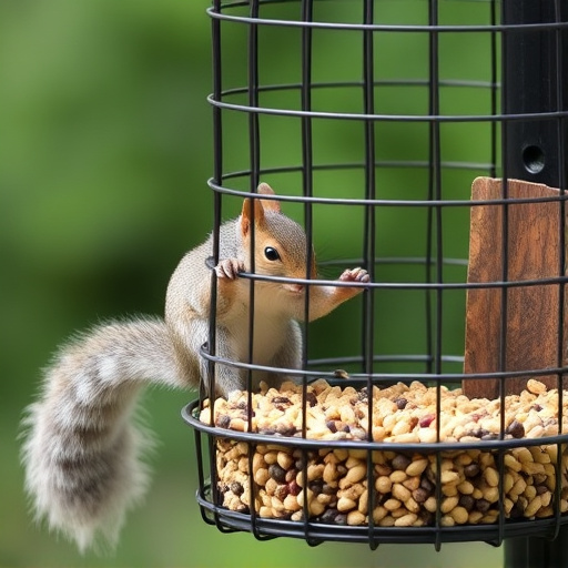 Caged feeder protecting seed from squirrel
