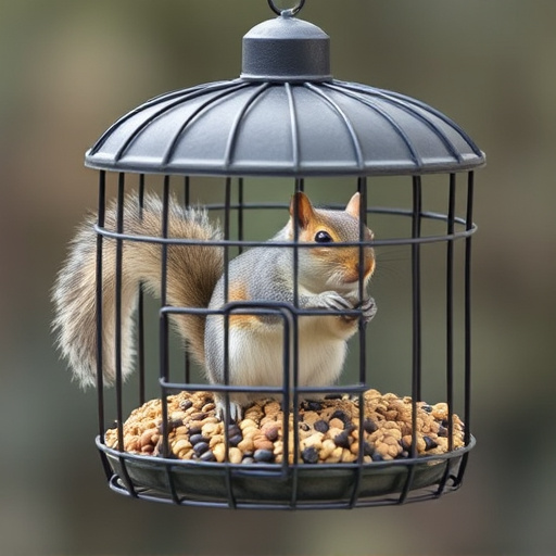 Caged feeder protecting seed from squirrel