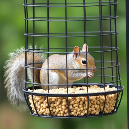 Caged feeder protecting seed from squirrel