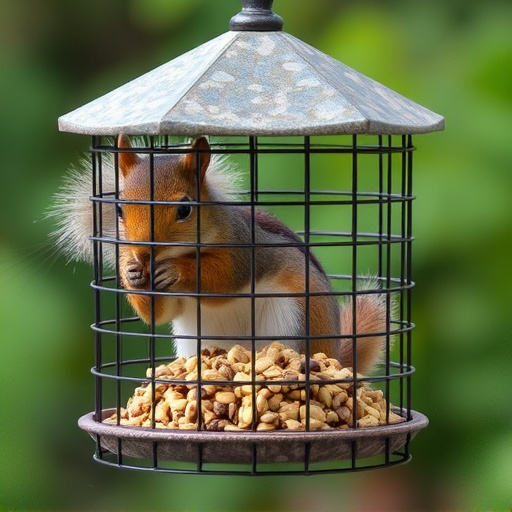 Caged feeder protecting seed from squirrel