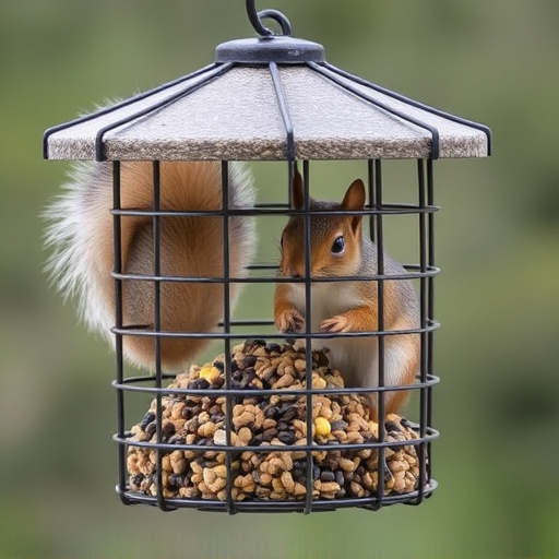 Caged feeder protecting seed from squirrel