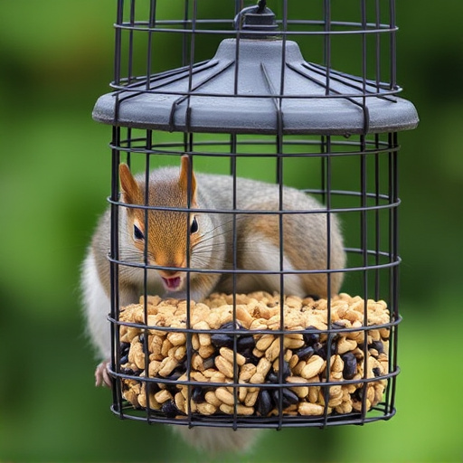 Caged feeder protecting seed from squirrel