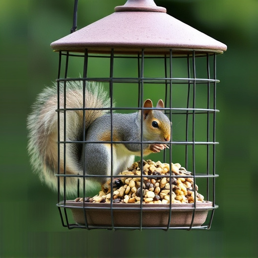Caged feeder protecting seed from squirrel