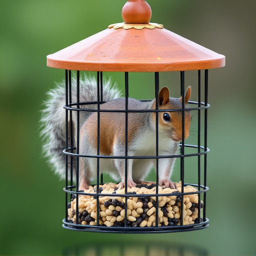Caged feeder protecting seed from squirrel