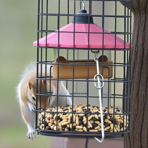 Caged feeder protecting seed from squirrel