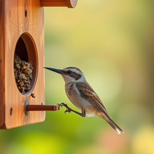 Careful feeding of baby bird outdoors